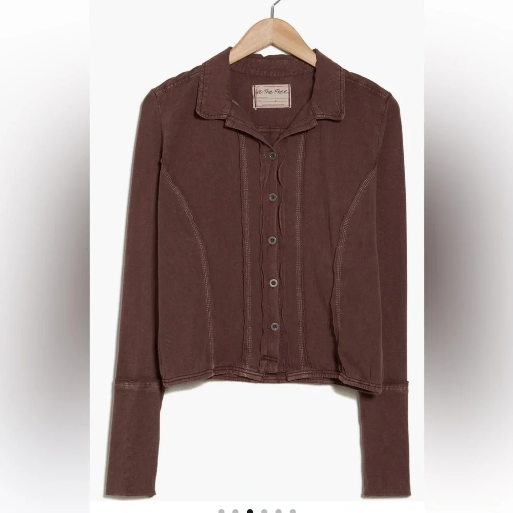 Free People NWT Tiny Button-Up Long Sleeve Collared Ribbed Cotton Top medium - Picture 8 of 16